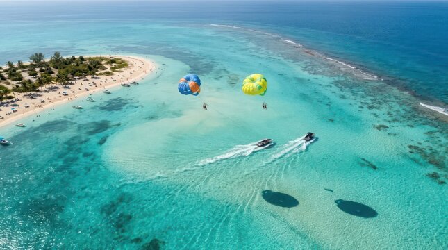 Vibrant aerial view of people parasailing over turquoise waters near a tropical island beach with speedboats trailing