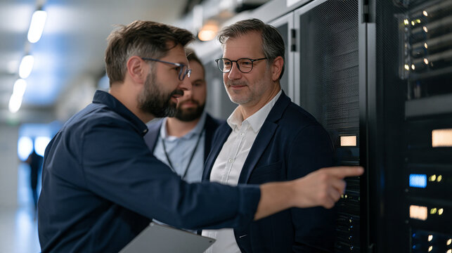A data center infrastructure sales engineer guiding an enterprise IT director through a server rack demonstration in a cold blue-lit facility corridor, pointing to cable