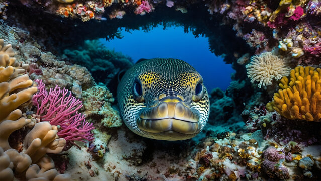 Fish is peeking out from a hole in a coral reef, the fish is looking at the camera, the great barrier reef, australia, the fish is in the foreground