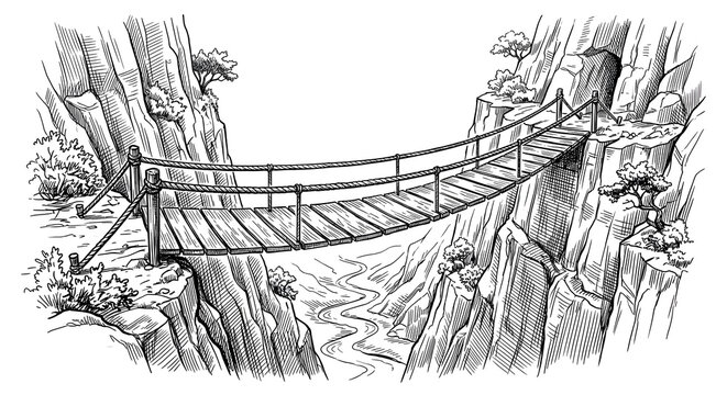 Detailed black and white hand drawn ink sketch illustration of a wooden rope suspension bridge spanning across a deep rocky canyon gorge.