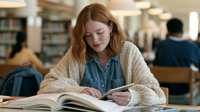 A redhead girl with freckles in a university library photographs a dense chemistry textbook page with her tablet, an AI instant explanation tool summarizing the content in