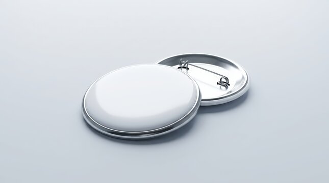 Blank White Round Button Badge with Pin Backing on Light Gray Background.