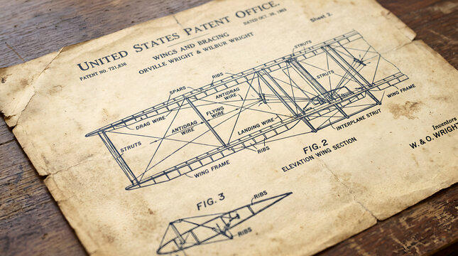 Wright Brothers Day vintage aviation patent drawing on aged paper