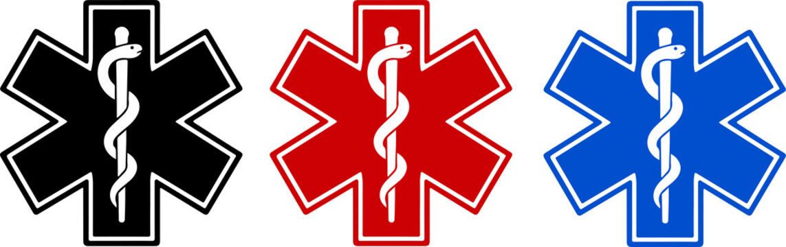 Three star of life medical symbols in black blue and red colors arranged horizontally on a clean white background design