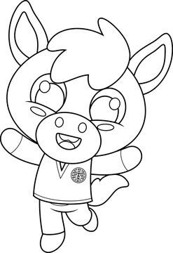 Chinese Zodiac Horse Cartoon Character with Traditional Costume. Vector Hand Drawn Illustration Isolated On Transparent Background