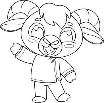 Chinese Zodiac Goat Cartoon Character with Traditional Costume. Vector Hand Drawn Illustration Isolated On Transparent Background