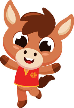 Cute Chinese Zodiac Horse Cartoon Character with Traditional Costume - Vector Illustration Flat Design Isolated On Transparent Background