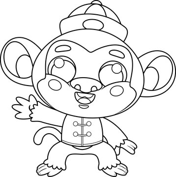 Chinese Zodiac Monkey Cartoon Character with Traditional Costume. Vector Hand Drawn Illustration Isolated On Transparent Background