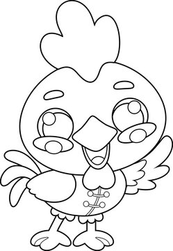 Chinese Zodiac Rooster Cartoon Character with Traditional Costume. Vector Hand Drawn Illustration Isolated On Transparent Background