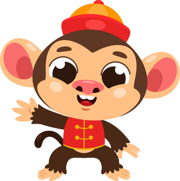 Cute Chinese Zodiac Monkey Cartoon Character with Traditional Costume - Vector Illustration Flat Design Isolated On Transparent Background