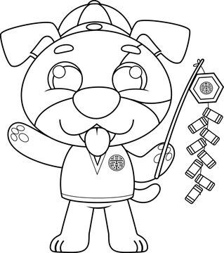 Chinese Zodiac Dog Cartoon Character with Traditional Costume and Firecrackers. Vector Hand Drawn Illustration Isolated On Transparent Background