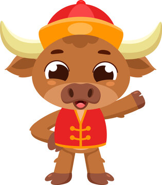 Cute Chinese New Year Ox Cartoon Character With Sign. Vector Illustration Flat Design Isolated On Transparent Background
