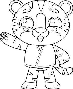 Chinese Zodiac Tiger Cartoon Character with Traditional Costume. Vector Hand Drawn Illustration Isolated On Transparent Background
