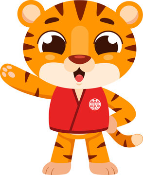 Cute Chinese Zodiac Tiger Cartoon Character with Traditional Costume - Vector Illustration Flat Design Isolated On Transparent Background