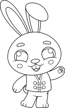 Chinese Zodiac Rabbit Cartoon Character with Traditional Costume. Vector Hand Drawn Illustration Isolated On Transparent Background