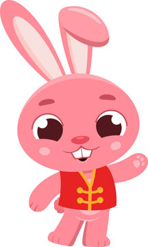 Cute Chinese Zodiac Rabbit Cartoon Character with Traditional Costume - Vector Illustration Flat Design Isolated On Transparent Background