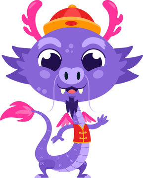 Cute Chinese Zodiac Dragon Cartoon Character with Traditional Costume - Vector Illustration Flat Design Isolated On Transparent Background