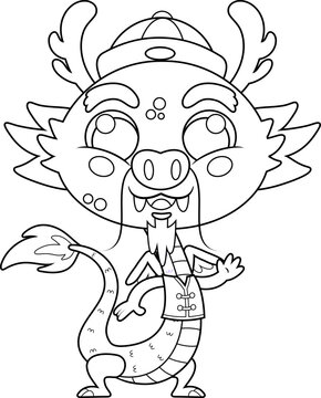 Chinese Zodiac Dragon Cartoon Character with Traditional Costume. Vector Hand Drawn Illustration Isolated On Transparent Background