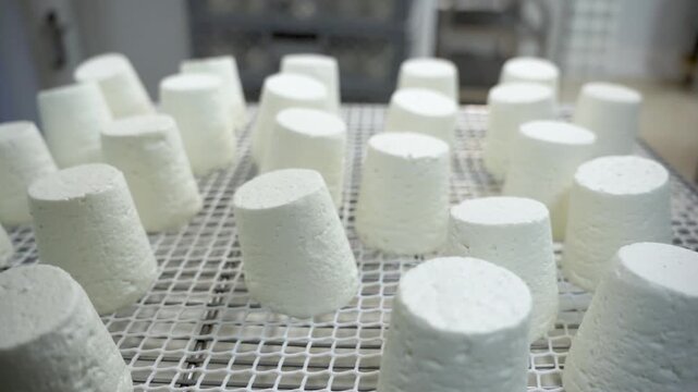 rows of fresh cheese shapes inside an empty dairy plant on aluminium shelves, aging organic food, pan