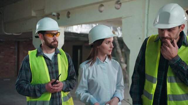 Angry Caucasian woman holding blueprint scolding males builders at construction site female inspector complain deadline bad work while men listens engineers contractors technicians quarreling outside