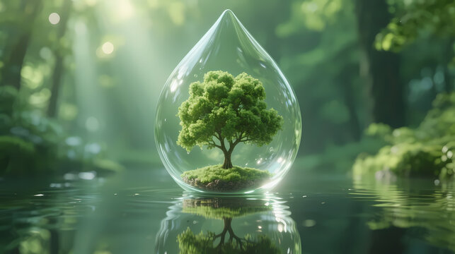 Glass droplet with tiny green tree