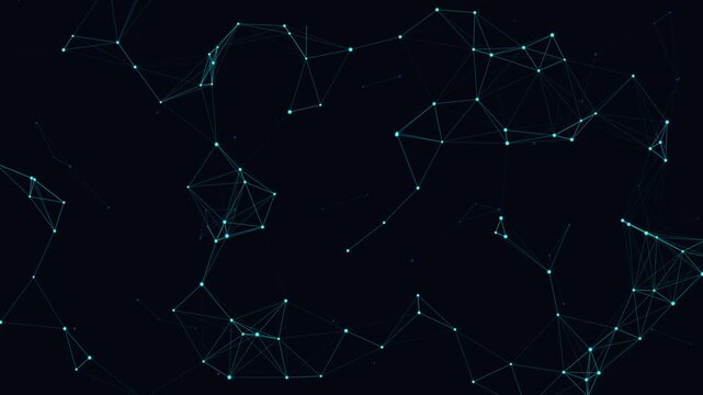 Premium 4K seamless looping background featuring a high-tech plexus network of glowing dots and connecting lines. Represents artificial intelligence, cloud computing, big data, and global internet con