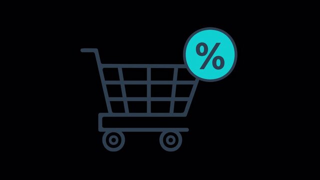 Minimalist digital animation featuring a shopping cart icon with a percentage sign for discount shopping concepts