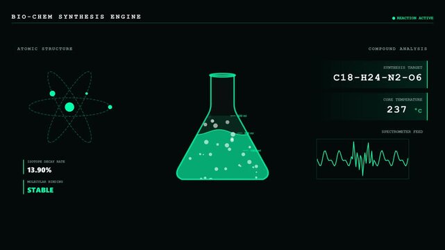 High-tech futuristic chemistry laboratory HUD with a clean solid background and no glowing shadows. Features a dynamic boiling liquid flask, orbiting atomic structures, and scientific analysis telemet