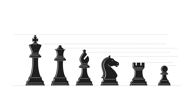 Black chess pieces with height comparison lines on a white background