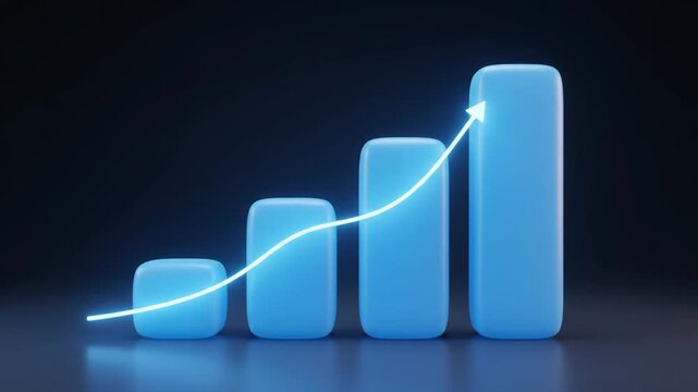 Glowing line chart moving upward over blue bar columns in a dark environment