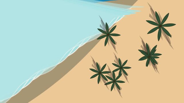 Aerial view of tropical beach with palm trees and gentle ocean waves, minimalist flat animation