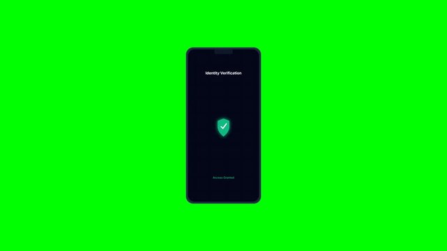 High quality 4K seamless looping motion background featuring a modern smartphone on a chroma key greenscreen. Displays a futuristic biometric fingerprint scan, identity verification process, and an ac