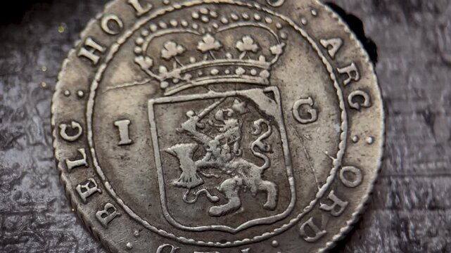 The reverse side of an antique Batavorum 1 gulden coin, featuring a crowned heraldic shield with lion motif, engraved denomination, aged metallic patina, and distinctive historical numismatic details.