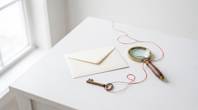 A vintage magnifying glass, antique key, and white envelope connected with red string on table.