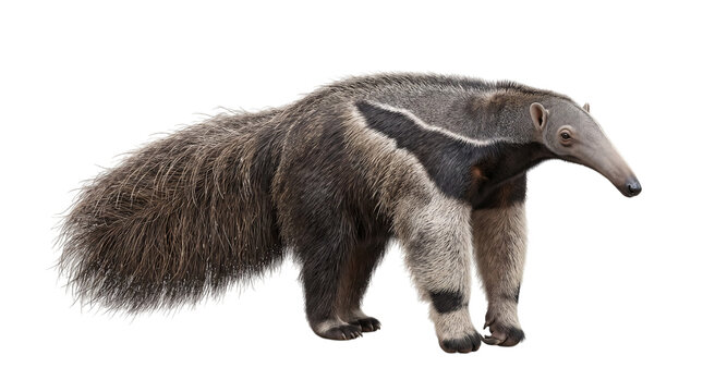 Giant anteater with bushy tail standing on white isolated on transparent background
