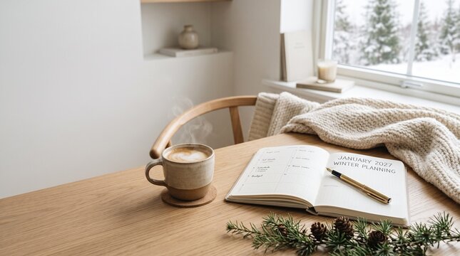 Minimalist winter planning desk with open notebook marked 2027, elegant pen, warm coffee, knitted blanket and subtle evergreen branches, bright neutral interior, soft natural light, photorealistic com