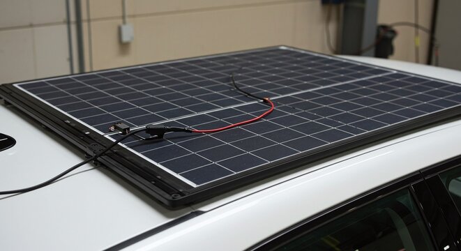 Solar panels are integrated into the roof of a modern car to generate auxiliary electric power. Concept of solar-powered and sustainable automotive technology.