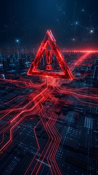 Floating Red Neon Warning Triangle over Cyberpunk Circuit Lines