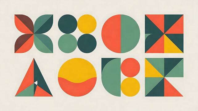 Mid Century Modern Geometric Abstract Mosaic Pattern Triangles Circles and Semicircles Vector Set on White Background