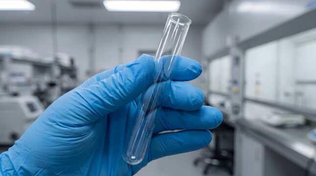 Scientist holding a vial with a white crystalline substance in a laboratory setting