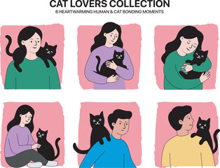 People with cats illustration set showing human and pet bonding © ChieezGraph