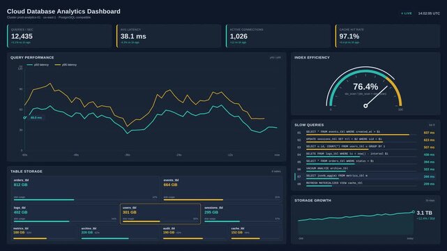 Cloud database analytics dashboard showing real time server