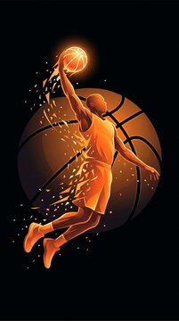 Abstract illustration of a basketball player dunking with glowing ball