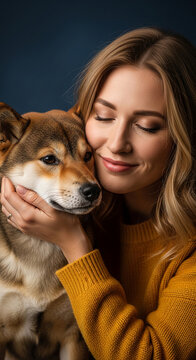 Woman embracing dog with eyes closed, showing affection. Symbolizes companionship, unconditional love, and emotional connection, ideal for lifestyle or pet-related themes
