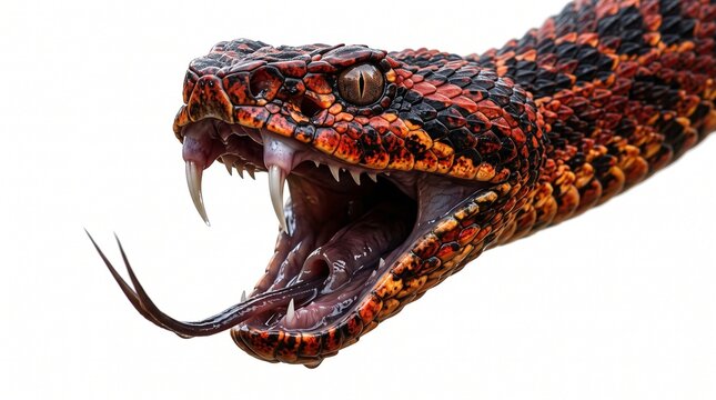 Extreme close up of a red and black venomous snake with open mouth showing sharp fangs and tongue isolated on white background