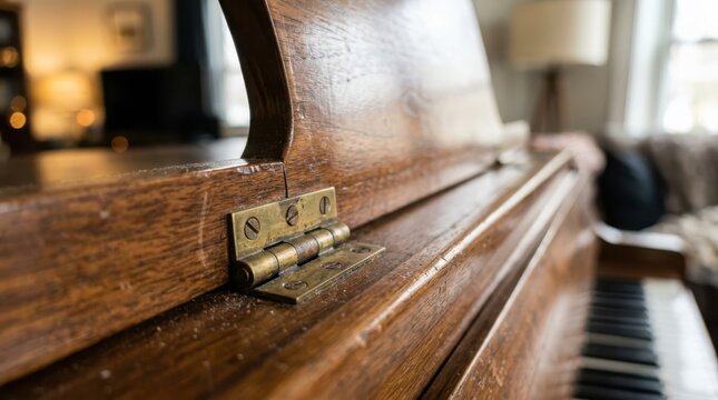 Close-up of an antique brass hinge on a vintage wooden piano, showcasing aged craftsmanship and musical heritage