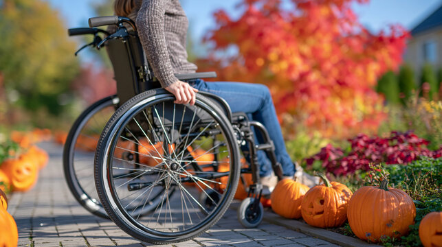Wheelchair user outdoors during autumn with one hand resting on the large wheel, festive Halloween pumpkins arranged along an accessible garden path, colorful fall foliage, subtle carved pumpkin fac
