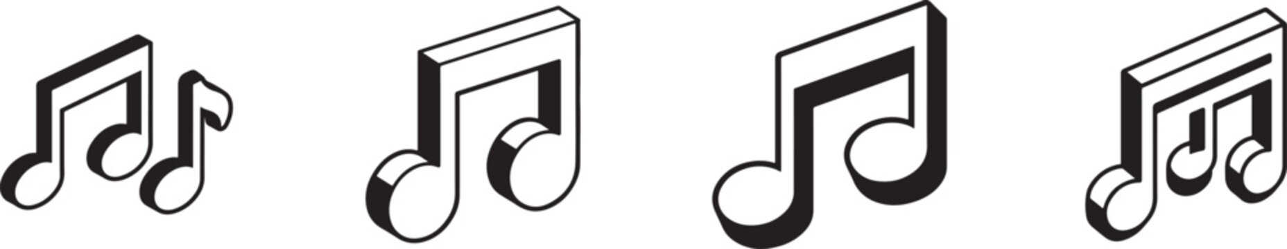 Isometric black and white music note icon set featuring eighth and sixteenth notes in vector style.