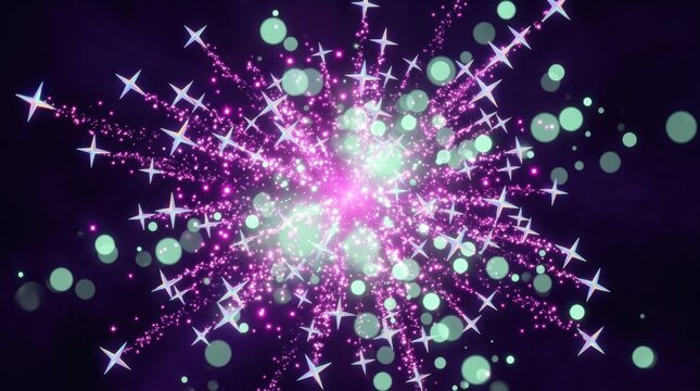 Vibrant explosion of sparkling stars and shimmering glitter particles radiating from a brilliant central light against a deep purple background, creating an ethereal abstract design with glowing magen