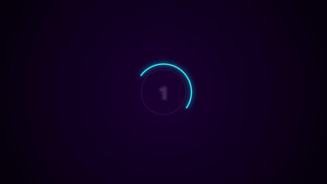 Neon digital countdown numbers from five to one in glowing circles